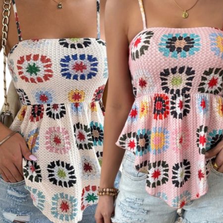 2pcs Women's Vacation Hibiscus Printed Ruffle Hem Casual Camisole Top Graphic Tees
