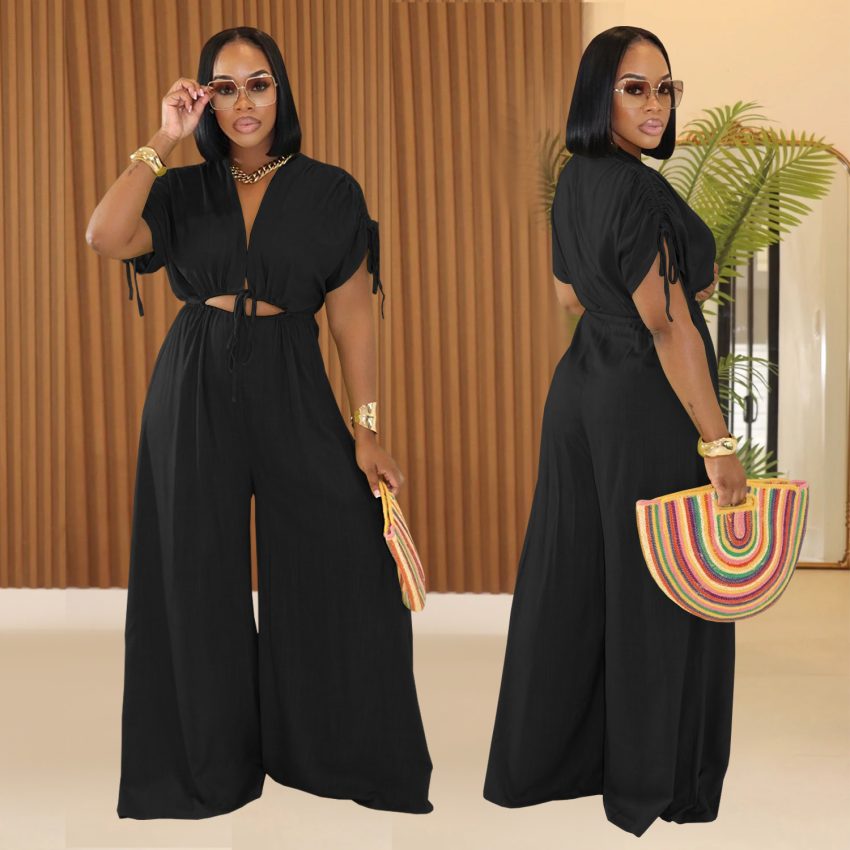 Women's Casual V-neck Lace-up Wide-leg Jumpsuit