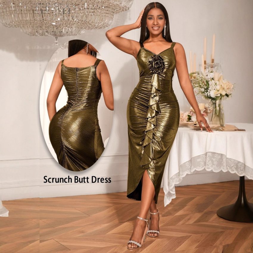 Female Solid Color Summer Sling Golden Party Dress
