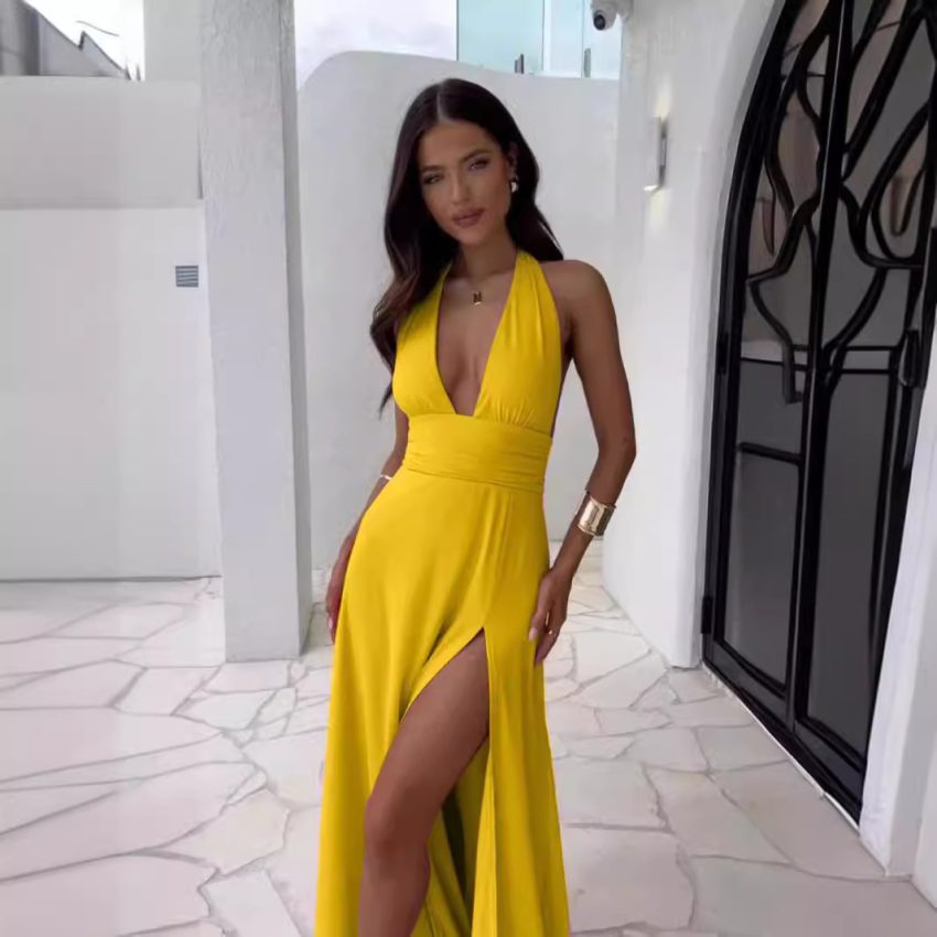 Spring New Women's Style Hanging Neck V-neck Slit Long Solid Color Dress