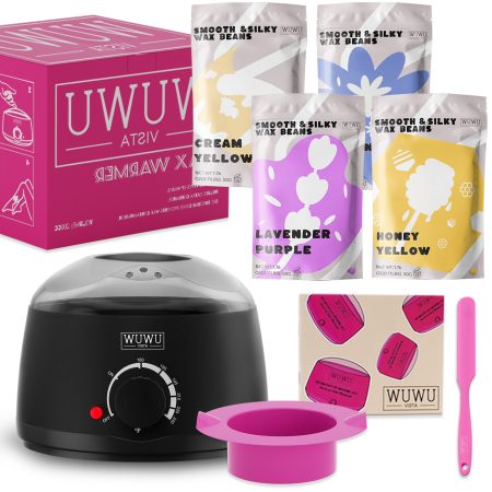 WUWUVISTA 8Pc Waxing Kit, Hair Removal Kit With Warmer, Wax Beans & Silicone Accessories For Full Body And Sensitive Skin, US EU UK Plug