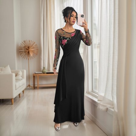 Retro Temperament Crew Neck Mesh Embroidery Stitching Long Sleeve Dress Women