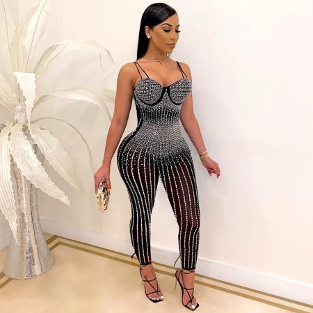 Sexy Mesh See-through Rhinestone Sleeveless Suspender Jumpsuit For Women