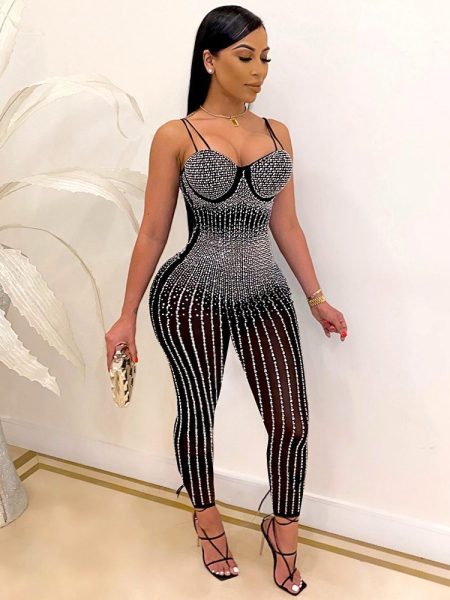 Sexy Mesh See-through Rhinestone Sleeveless Suspender Jumpsuit For Women