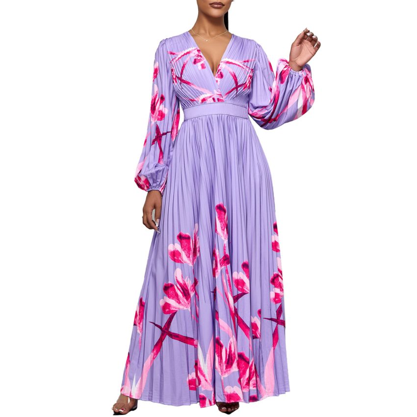 V-neck Slimming Long Sleeves Printed Pleated Dress