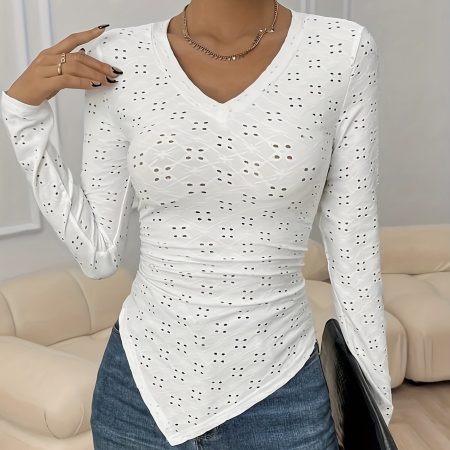Ladies' Hollowed Out V-neck Fashionable Versatile Shopping Party Hem Irregular Design Elegant Long Sleeved T-shirt Top
