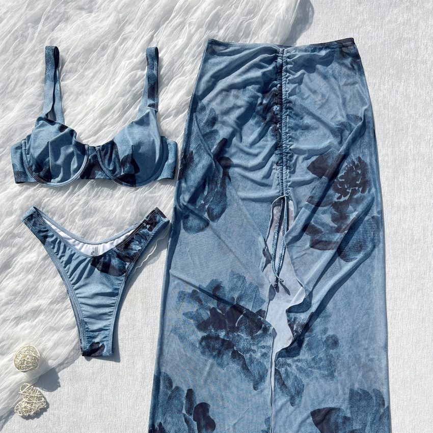 New Women's Swimsuit Peony Printed Three-piece Suit