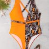 Women's Large-size One-piece Swimsuit, Leopard Print, Color Matching, Asymmetric, Tie-one-piece Swimsuit, Backless Sexy Vacation Style