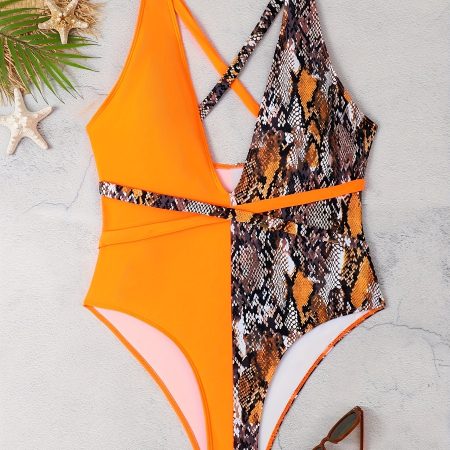 Women's Large-size One-piece Swimsuit, Leopard Print, Color Matching, Asymmetric, Tie-one-piece Swimsuit, Backless Sexy Vacation Style
