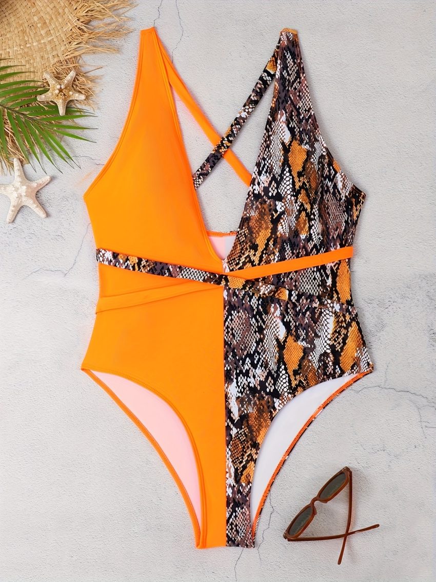 Women's Large-size One-piece Swimsuit, Leopard Print, Color Matching, Asymmetric, Tie-one-piece Swimsuit, Backless Sexy Vacation Style