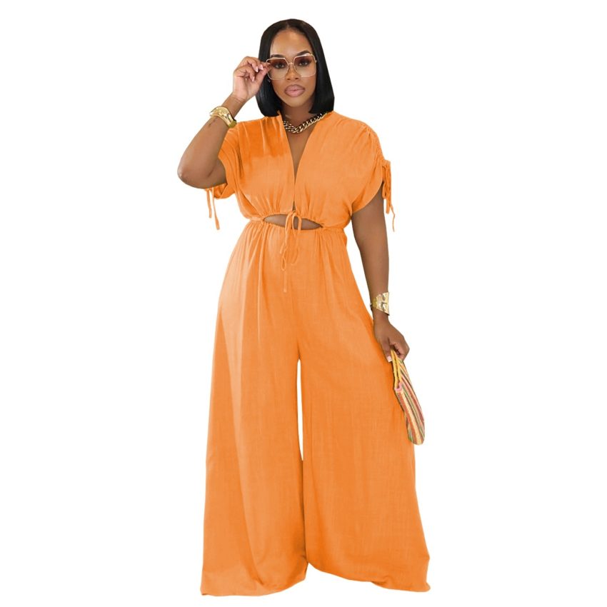 Women's Casual V-neck Lace-up Wide-leg Jumpsuit