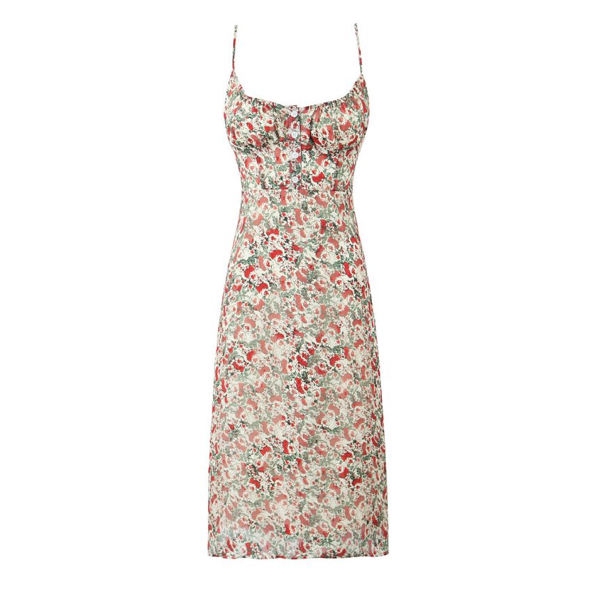 Printed Sling Slim Fit Backless Mid-length Dress
