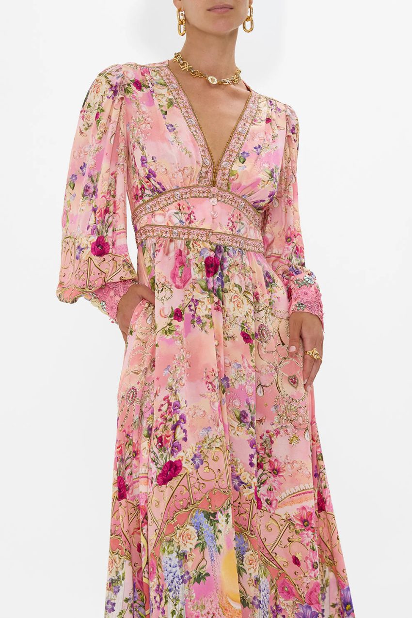Printed V-neck Long-sleeved Bubble Sleeve Waist Women's Clothing Dress