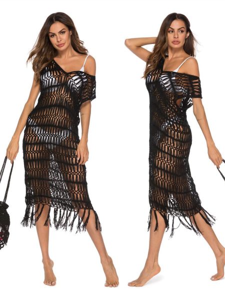 Long Skirt Hollow-out Beaded Shirt Hand Crocheting V-neck Bikini Beach Cover