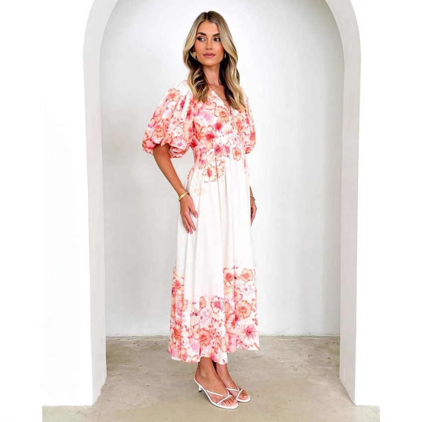 Spaghetti-strap Floral Print Fairy Mid-length Elegant Big Hem Dress