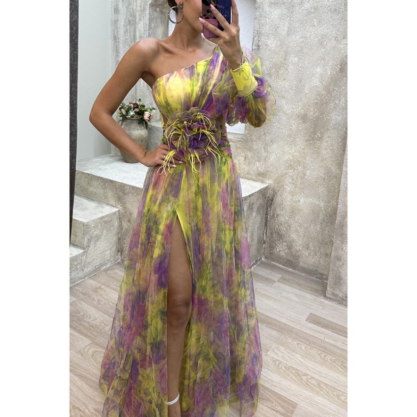 New Party Mesh Slanted Shoulder Dress INS Casual And Fashionable Women's Long Skirt