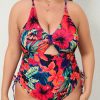 Women's Large-size One-piece Swimming Suit With Floral Print, One-piece Backless Sexy Drawstring Cross Swimwear