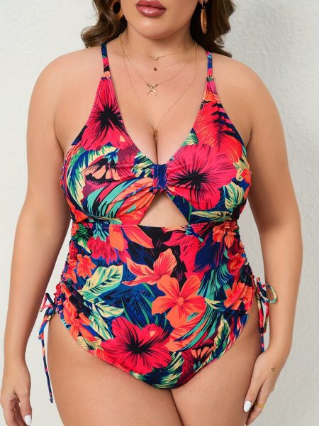 Women's Large-size One-piece Swimming Suit With Floral Print, One-piece Backless Sexy Drawstring Cross Swimwear