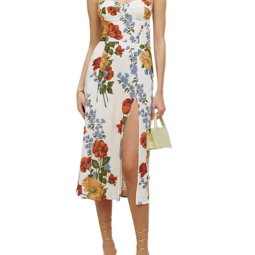 New Slim Fit Slimming French Strap Shoulder Lace Printing Holiday Dress