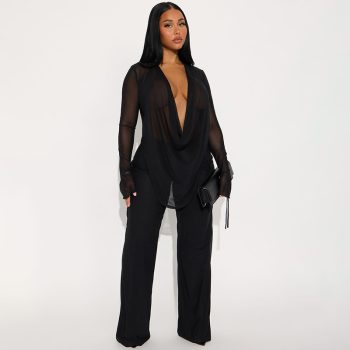 Women's Fashion Sexy Lace-up Long-sleeved Top Slim Trousers Suit