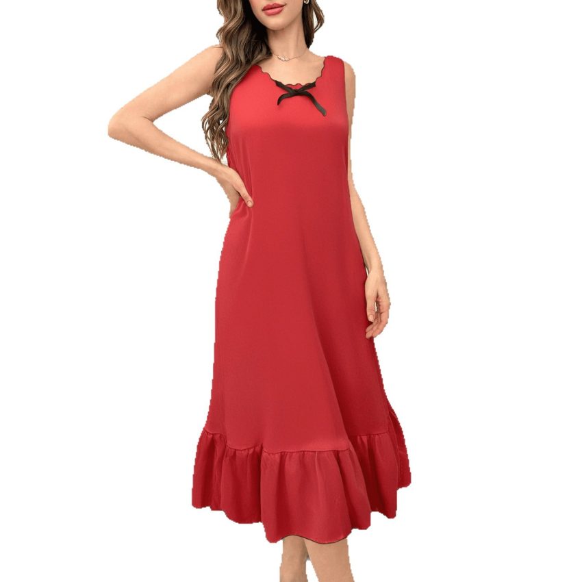 Women's Knitted Texture Bow Decoration Pleating Hem Wide Shoulder Strap Casual Nightdress