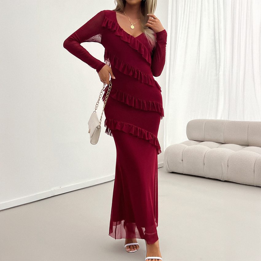 Women's Elegant Slim Fit Mesh V-neck Dress