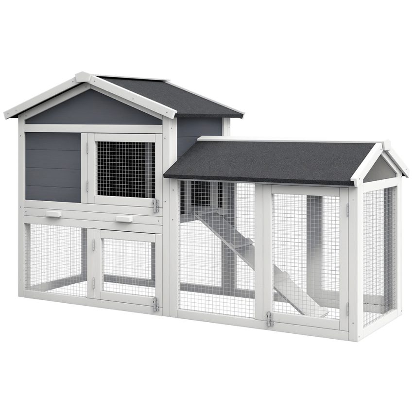 58inch Wooden Rabbit Hutch With Run, Removable Tray, Asphalt Roof, Lockable Doors And Ramp, Gray