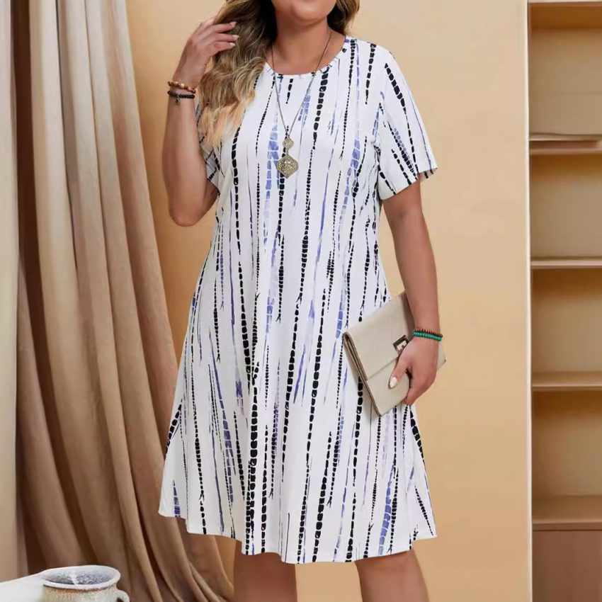 Women's Casual Fashion Loose Striped Printed Short Sleeve Dress