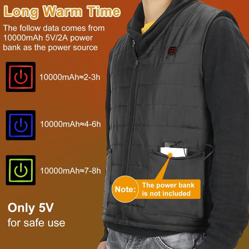 1Pc Heat Jacket Vest 3 Heating Gear Adjustable USB Heated Vest Warm Heat Coat Vest With 10 Heating Pads For Men Women Winter Outdoor Activity