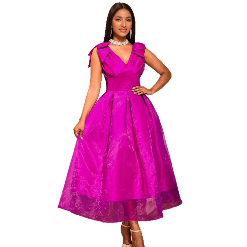 European And American Sexy V-neck Bow Sleeveless Dress