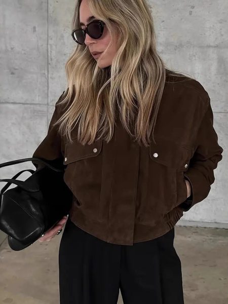Jacket Brown Coat Front Zipper Short Trench Coat Coat