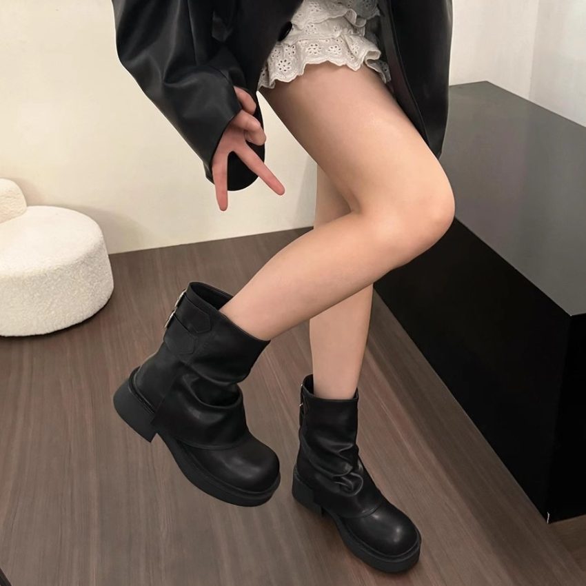 British Street Pleated Sleeve Slugged Bottom Boots