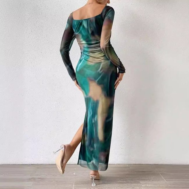 Printed Pleated Sexy Tight Split Square Collar Dress