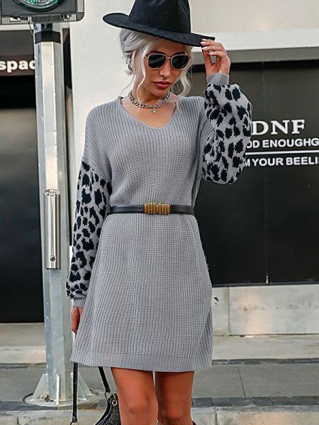 Color-blocking Leopard Print Woolen Skirt
