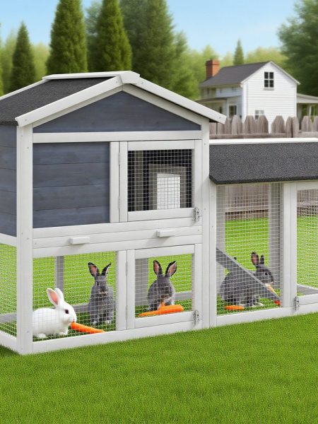 58inch Wooden Rabbit Hutch With Run, Removable Tray, Asphalt Roof, Lockable Doors And Ramp, Gray