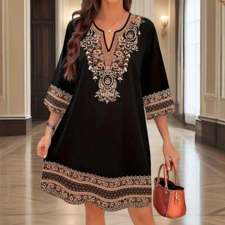 Women's V-Neck Middle Eastern Style Floral Print Midi Dress - Elegant Sleeve Design Lightweight Perfect For Spring&Summer Vacation & Daily Wear