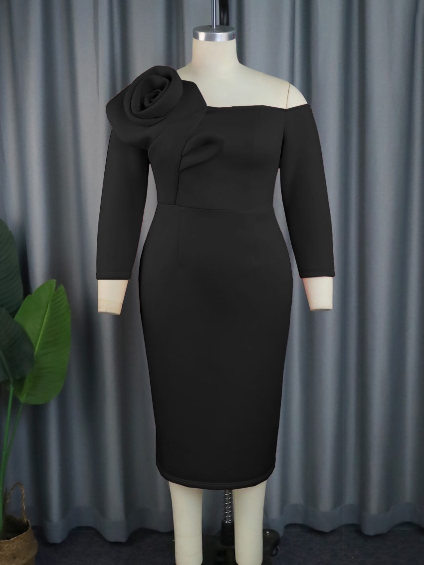 Elegant Bell Sleeve Three-dimensional Flower Dress Back Slit Dress
