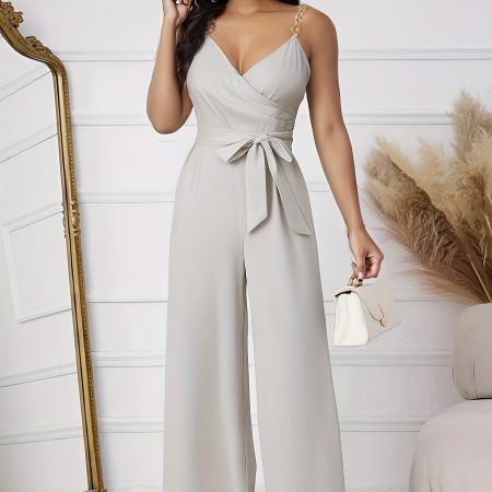 Ladies' Solid Color Elegant Fashion V-neck Strap Buckle Shoulder Strap Design Strap Jumpsuit