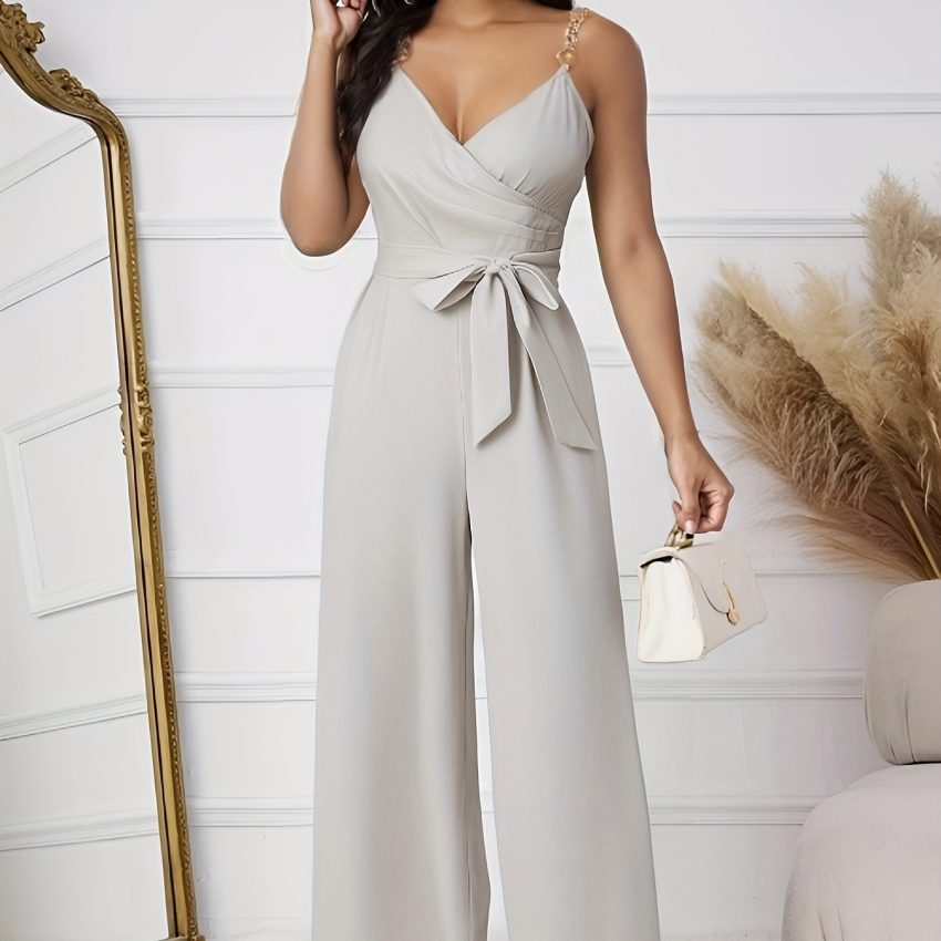 Ladies' Solid Color Elegant Fashion V-neck Strap Buckle Shoulder Strap Design Strap Jumpsuit