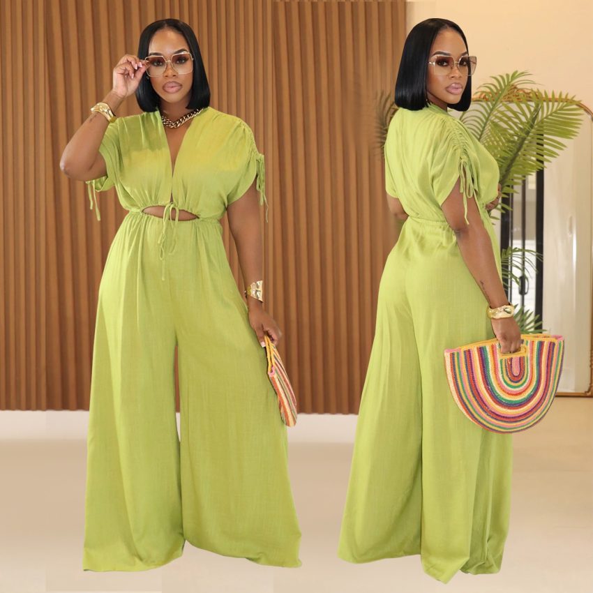 Women's Casual V-neck Lace-up Wide-leg Jumpsuit