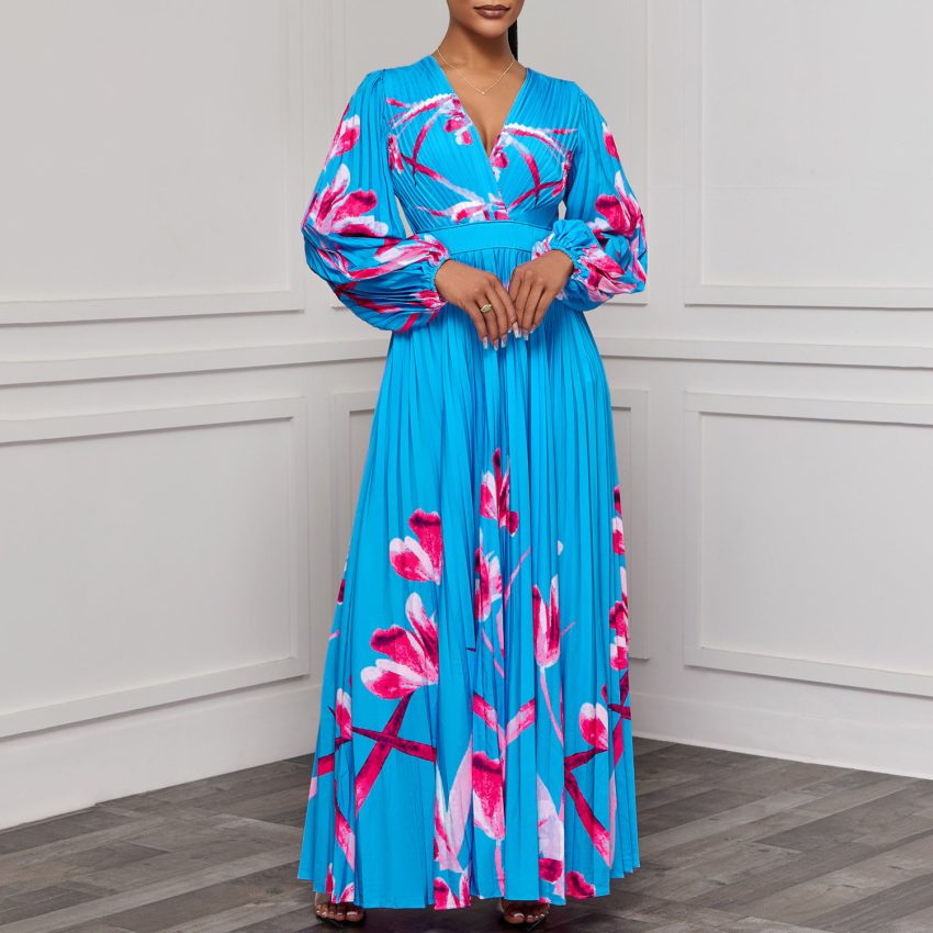 V-neck Slimming Long Sleeves Printed Pleated Dress