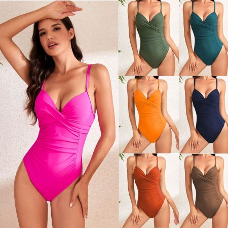 High Waist Pleating Solid Color Hard Bag Hot Spring Bathing Suit