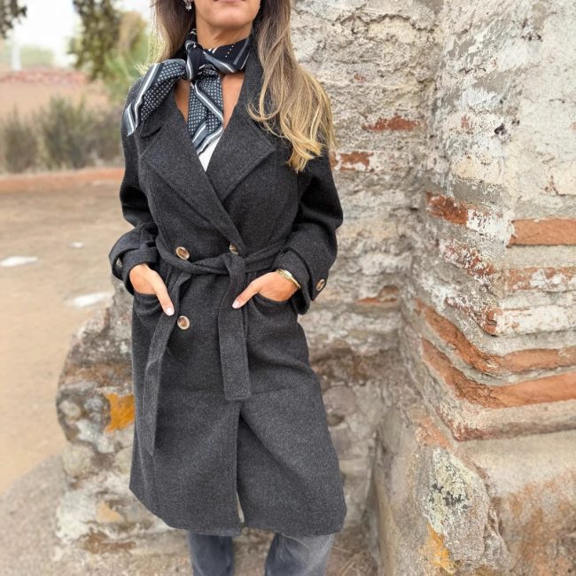 Autumn And Winter Lacing Cardigan Casual Long Sleeve Lapel Woolen Pocket Coat Women
