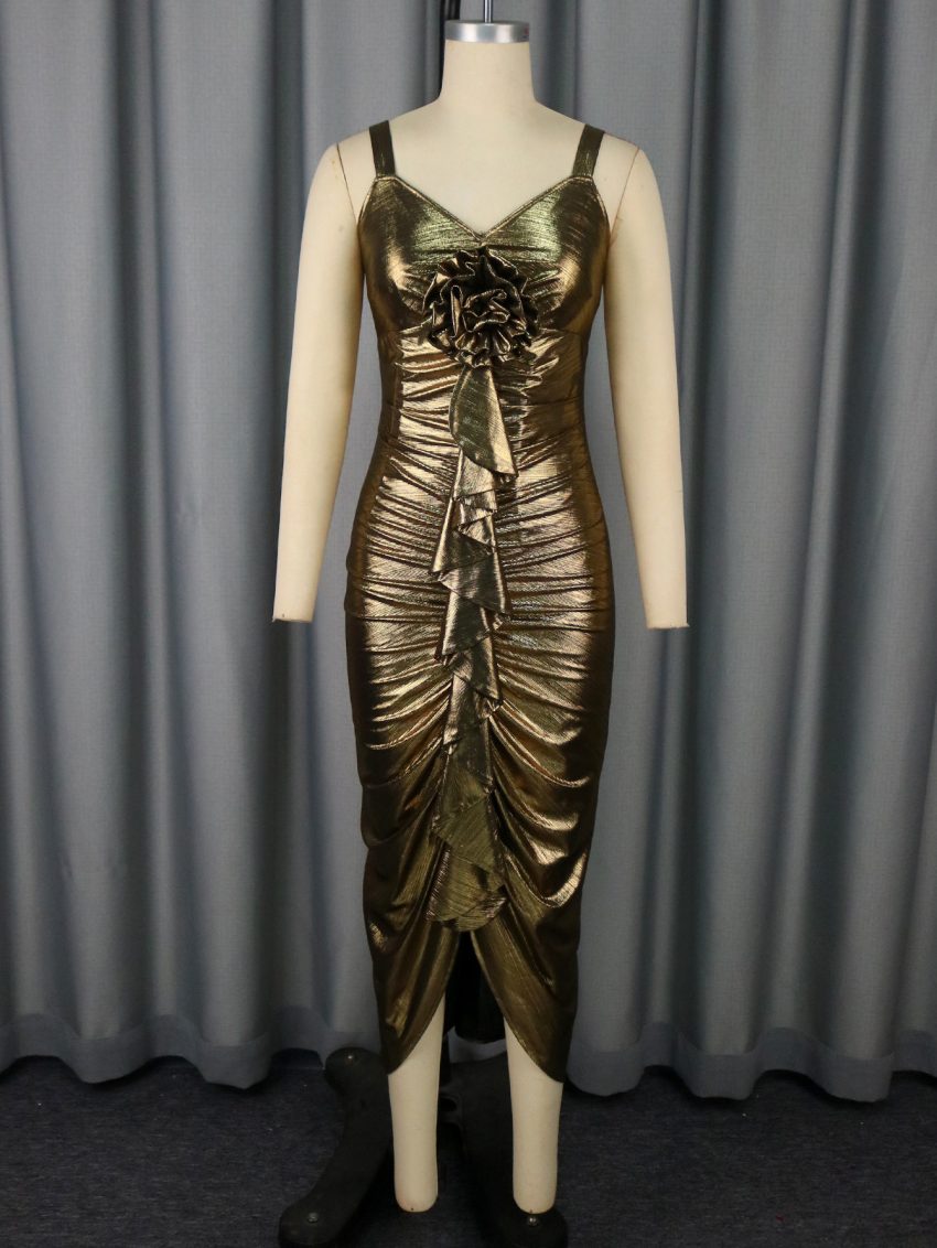Female Solid Color Summer Sling Golden Party Dress
