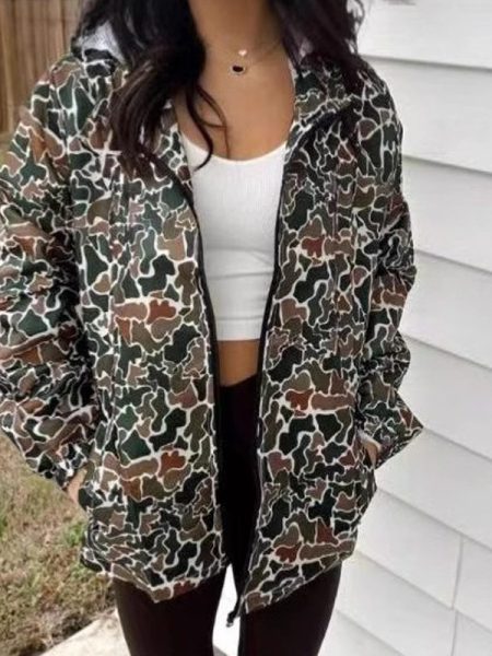 Women's Camouflage Print Long Sleeve Hooded Jacket With Zipper & Pockets - Streetwear Fashion Coat For Spring&Fall