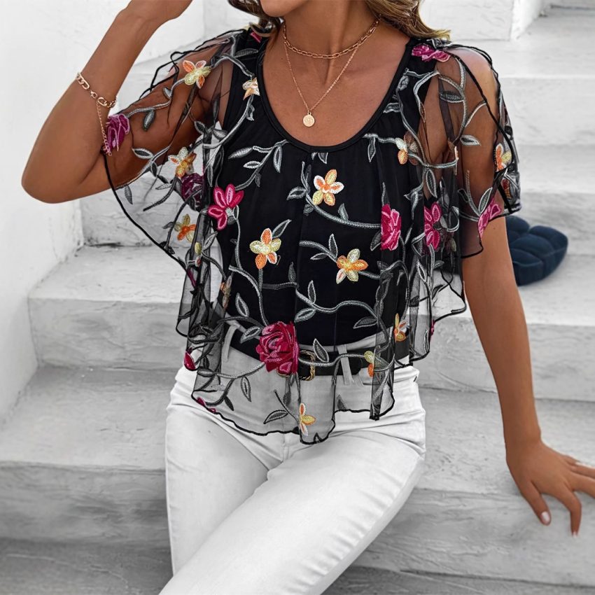 Women's Fashion Top Mesh Stitching Short Sleeve