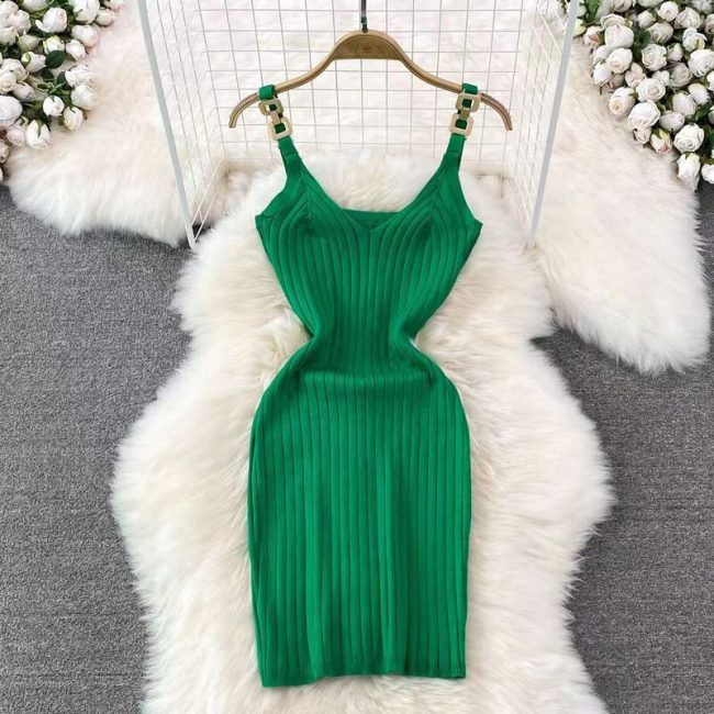 Metal Decorative Sling Woolen Skirt Slimming Hip Knitwear Dress