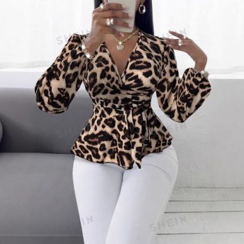 Cross Border Shirt Leopard Print V-neck Top