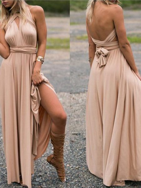 Women's Solid Color Multi-rope Cross Backless Bandage One-piece Dress