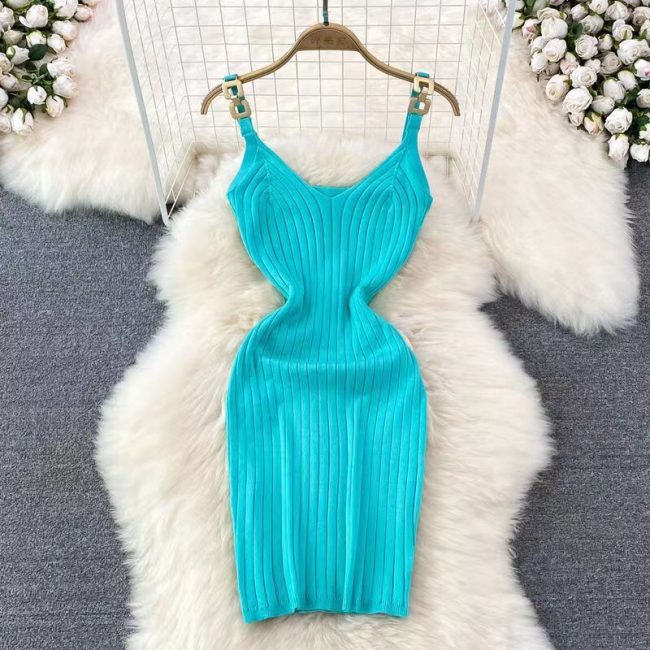 Metal Decorative Sling Woolen Skirt Slimming Hip Knitwear Dress